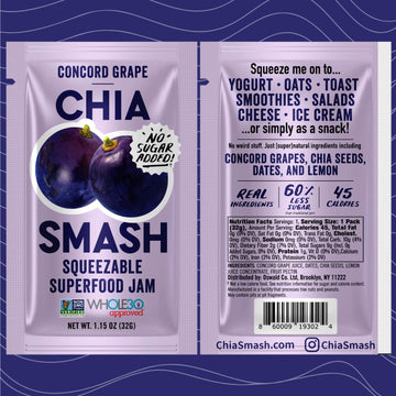 Chia Smash Concord Grape Jam Squeeze Packets | Natural, Keto & No Sugar Added | Vegan & Upcycled Fruit Spread | Low-Calorie, Sup