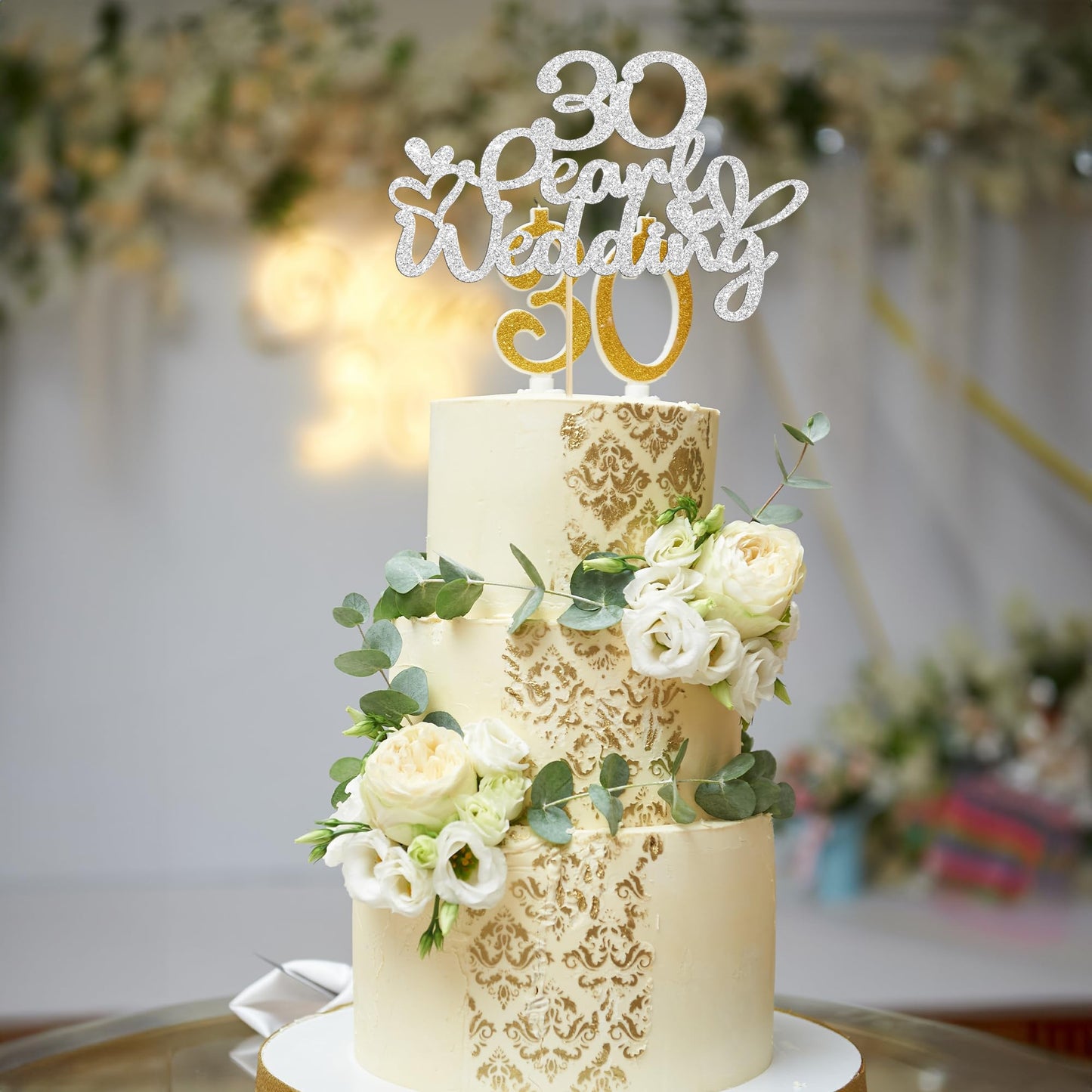 Gyufise 1Pcs 30 Pearl Wedding Cake Topper Glitter 30 Pearl Years Cake Pick Decoration For Happy 30Th Anniversary Wedding Party C