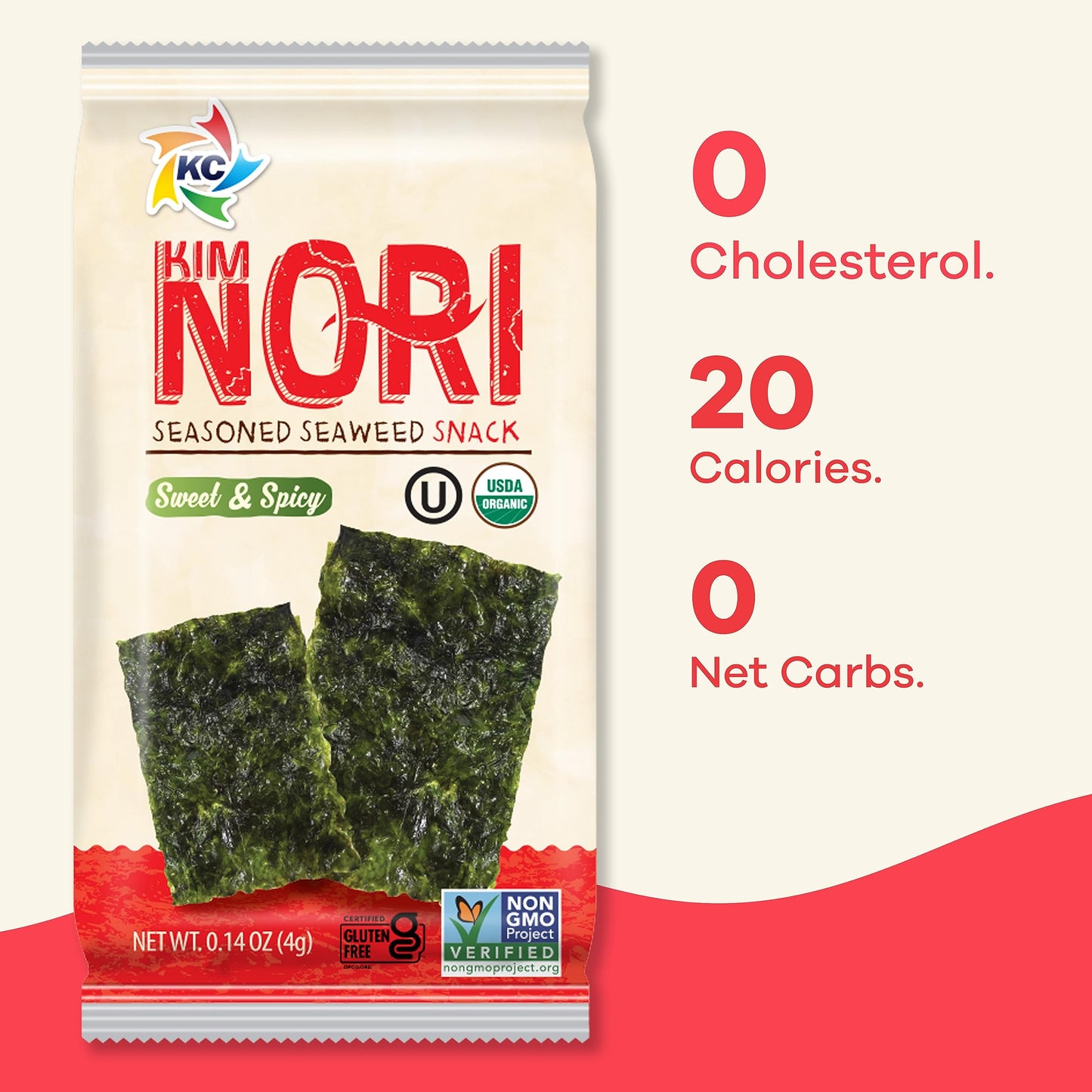 KIMNORI Seasoned Sea  Snacks - Organic Sweet N Spicy, 24 Packs, 4g Each, Roasted Crispy Laver