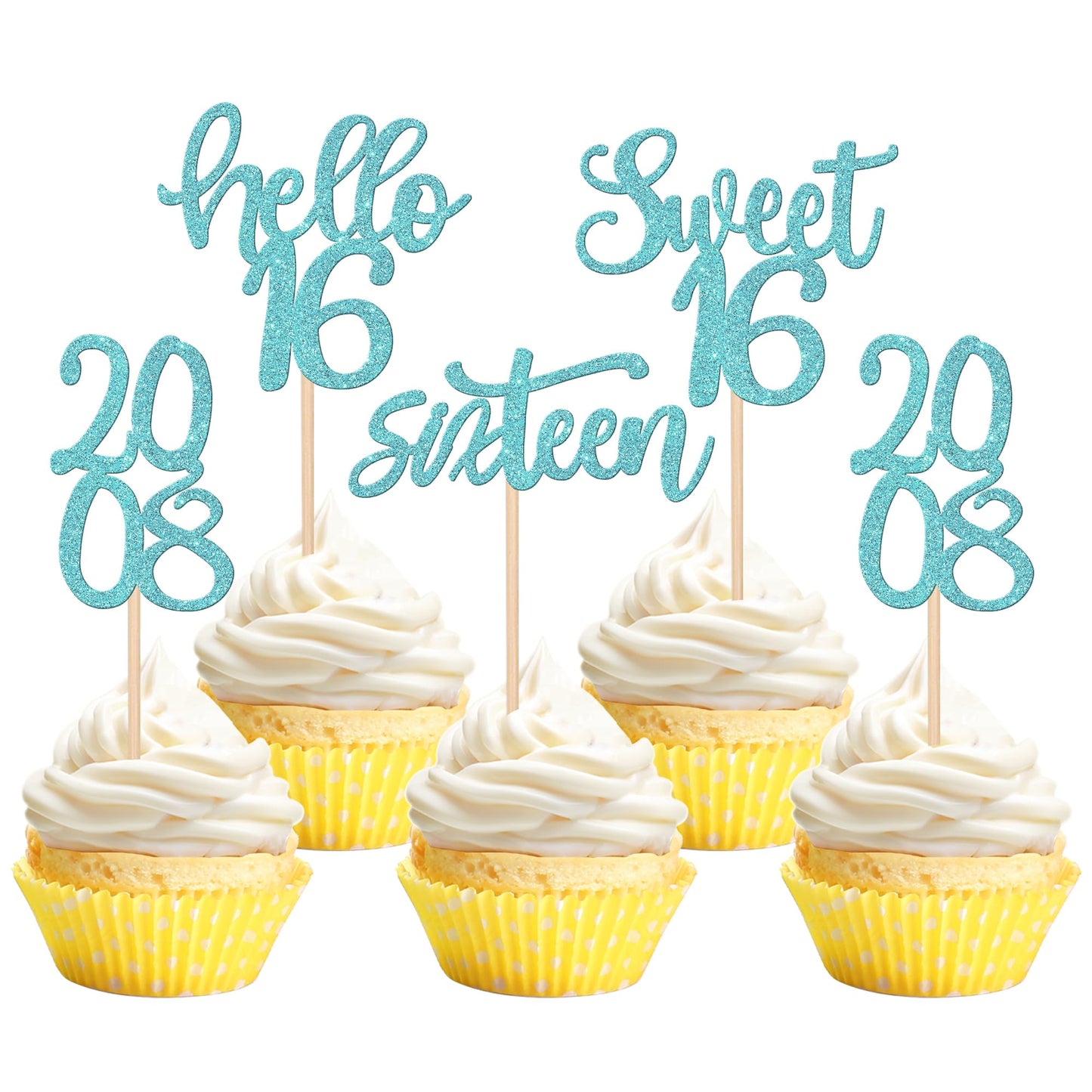 ZHUOWEISM 24PCS Cupcake Toppers Glitter Happy 16th Birthday Decorations Small Light Blue Bamboo