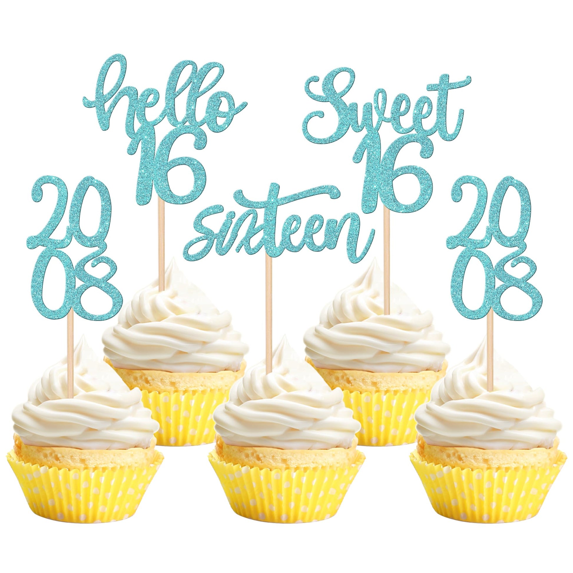 ZHUOWEISM 24PCS Cupcake Toppers Glitter Happy 16th Birthday Decorations Small Light Blue Bamboo