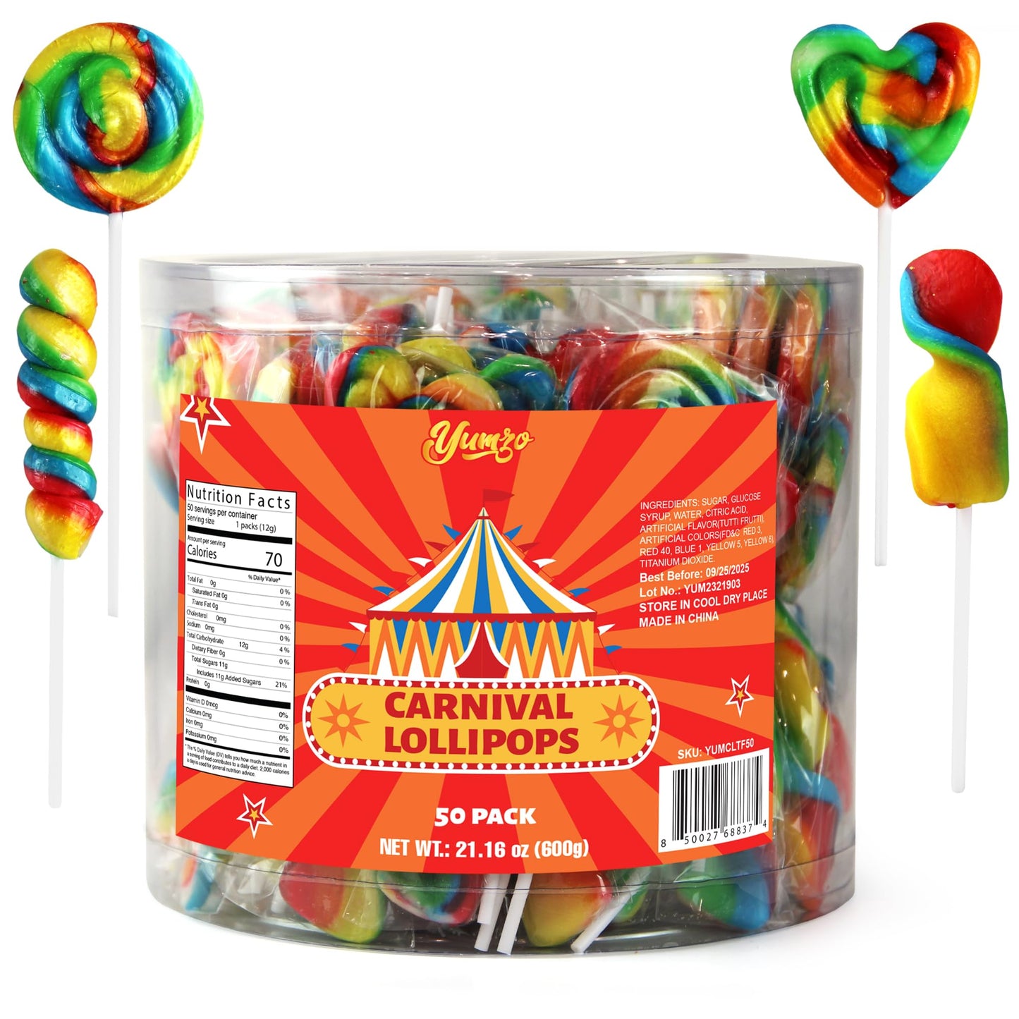 Yumzo Carnival Lollipops - Rainbow Twist, 50 Count, Individually Wrapped, Great for Parties, Size: 16.51 cm x 15.90 cm x 17.