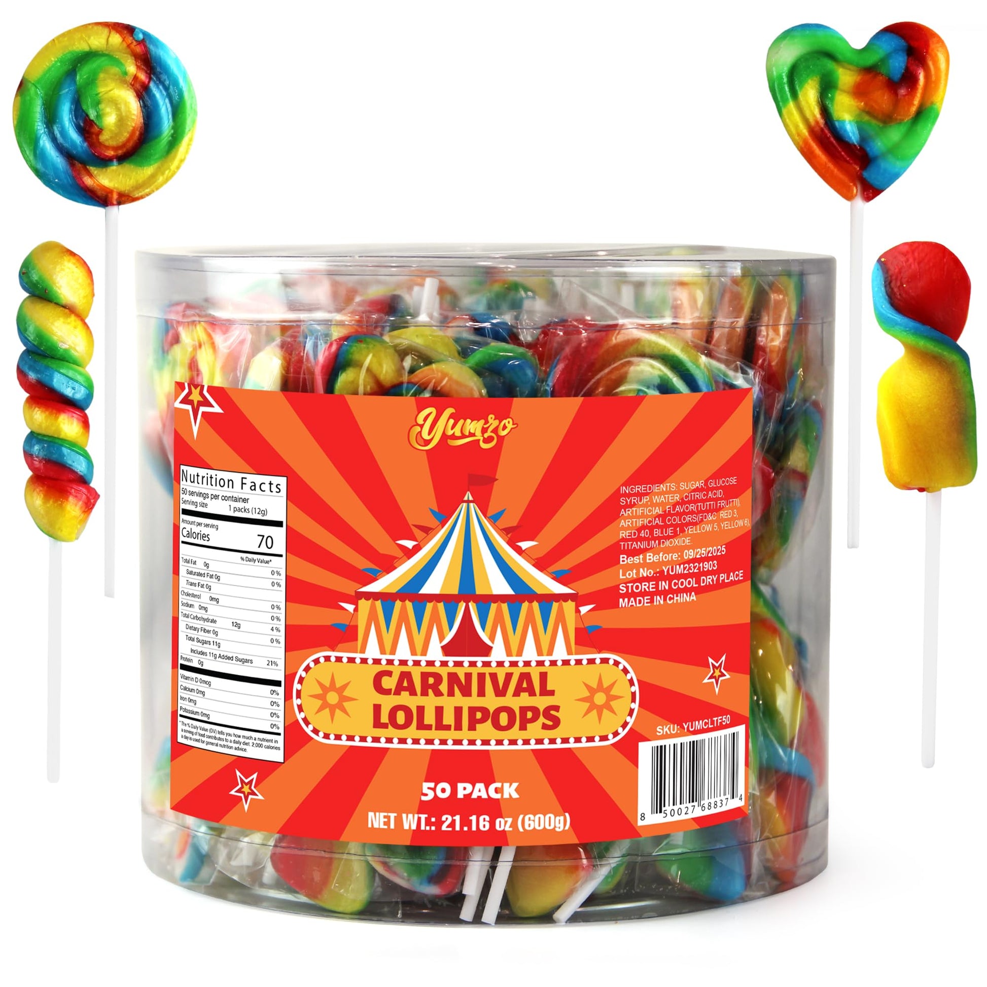 Yumzo Carnival Lollipops - Rainbow Twist, 50 Count, Individually Wrapped, Great for Parties, Size: 16.51 cm x 15.90 cm x 17.