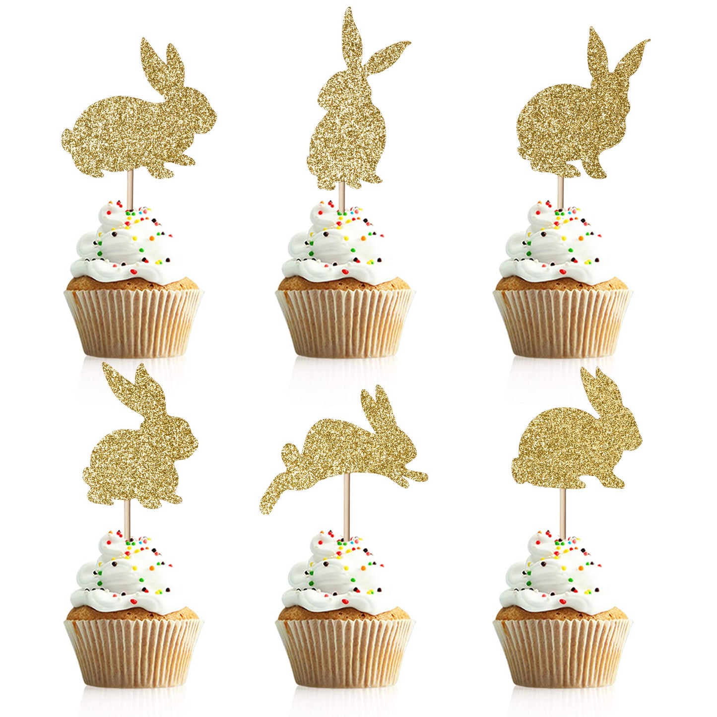 Artczlay 24Pcs Bunny Cupcake Topper  Easter Bunny Themed Cake Decoration  Glitter Boy Girl Baby Party Decoration (Gold)