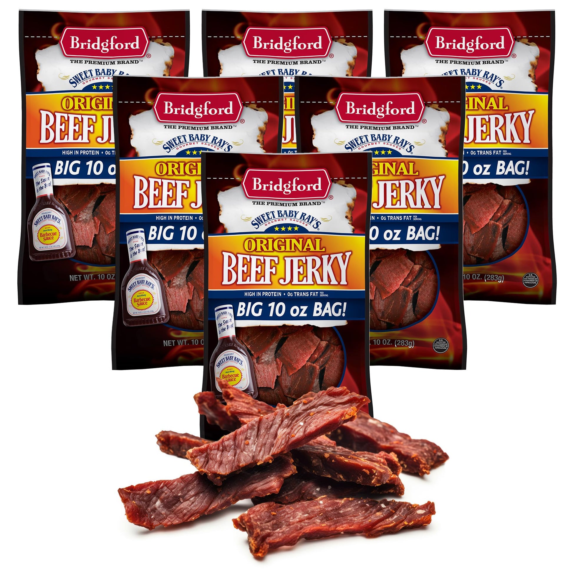 Bridgford Beef Jerky Original - High Protein Snack - 10 oz Pack of 6 - Ready-to-Eat for On-the-Go Snacking