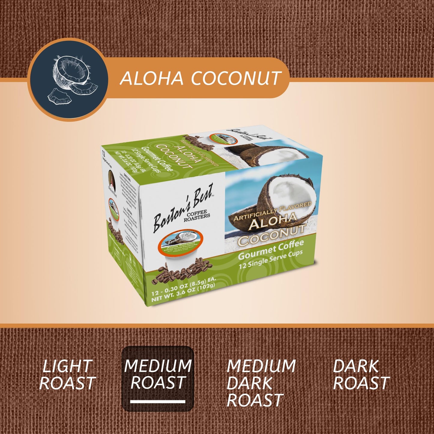 Bostons Best Aloha Coconut Medium Roast Coffee Compatible with Keurig, 12 Single Serve Cups, Model 017809009196