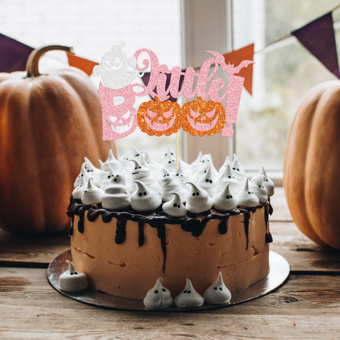 Gyufise 1Pc Little Boo Halloween Cake Topper Pink Glitter Pumpkin Ghost Halloween Baby Shower Cake Decorations For Halloween The