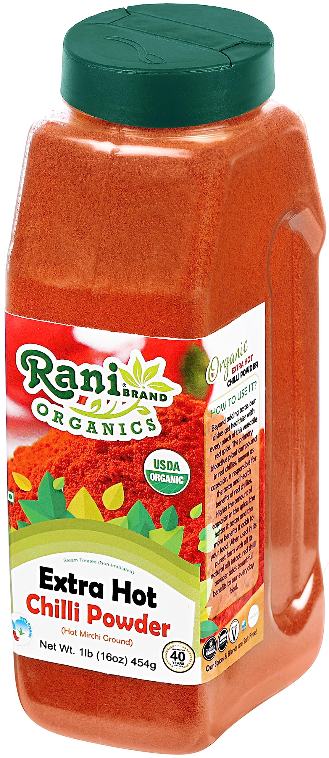 Rani Organic Extra Hot Chilli Powder (Hot Mirchi Ground) 16Oz (1Lb) 454G Pet Jar ~ All Natural | Vegan | Gluten Friendly | Non-G