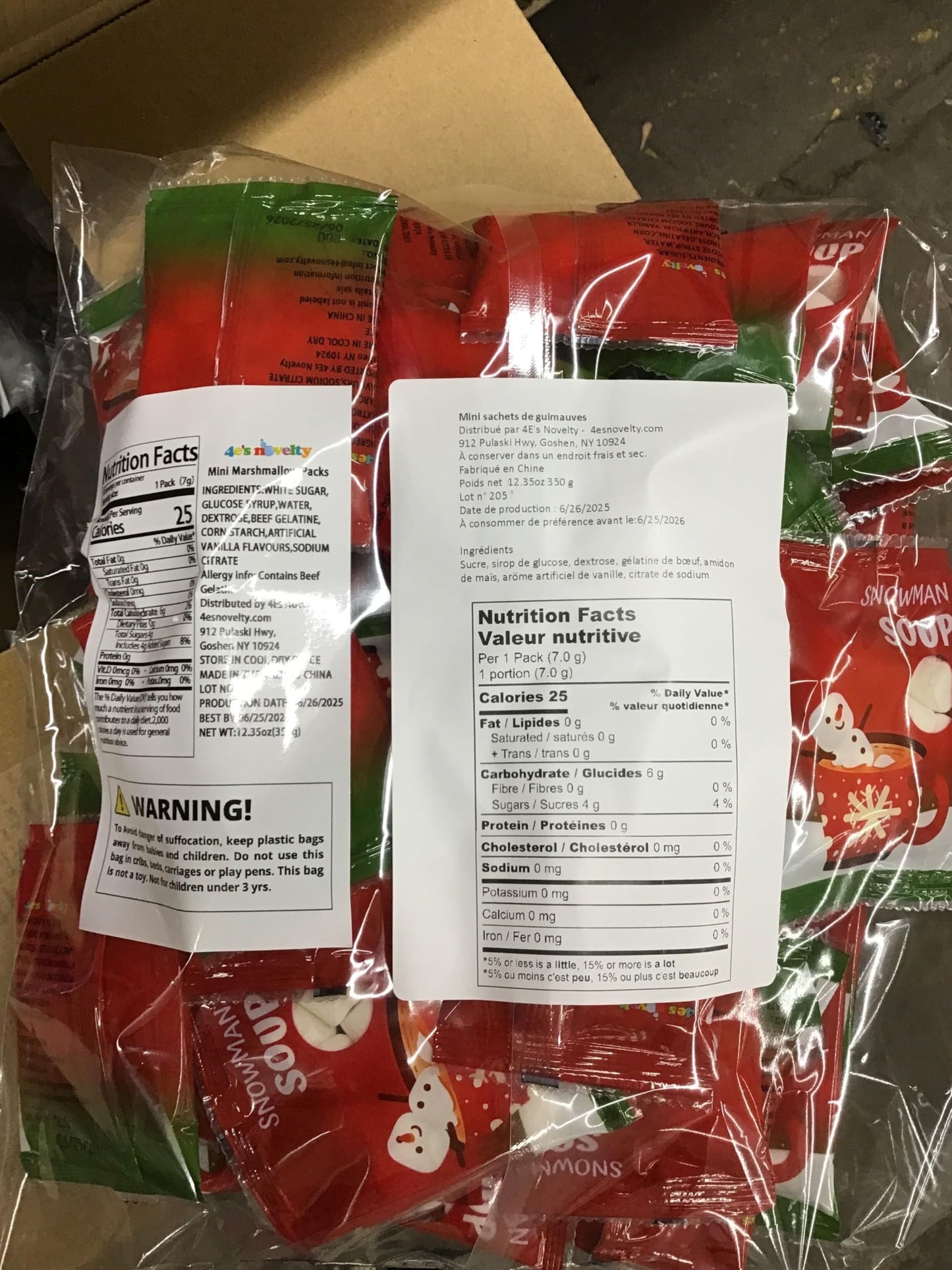 4Es Novelty 50 Packs Snowman Soup Mini Marshmallow Packets  Vanilla Flavored  14 Marshmallows in Each Bag  Bulk Individually Wrapped Christmas Marshmallows For Hot Chocolate Bar Supplies Party