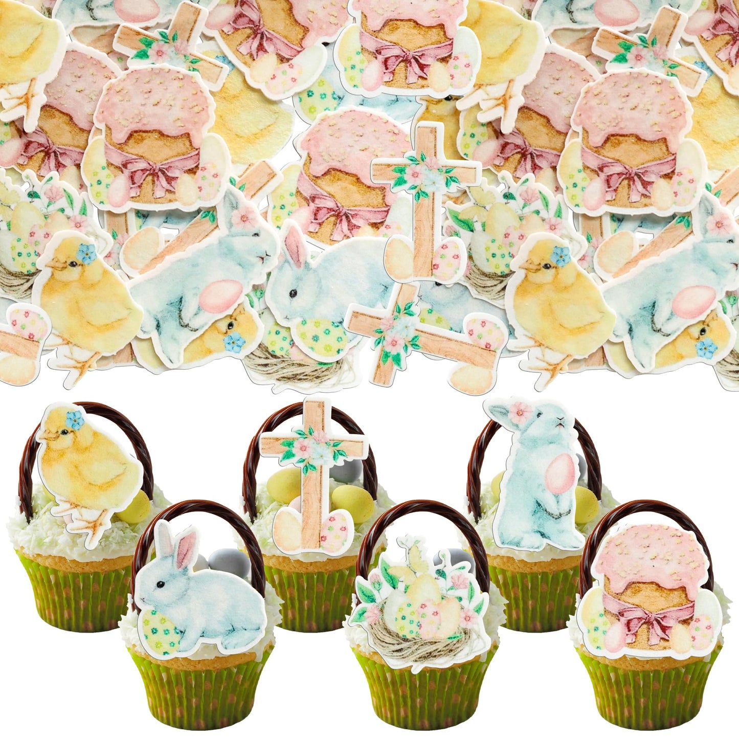 Gyufise 48Pcs Edible Happy Easter Cupcake Toppers Wafer Paper Rabbit Eggs Cupcake Picks Edible Bunny Cake Decors For Spring Theme Baby Shower Birthday Party Supplies