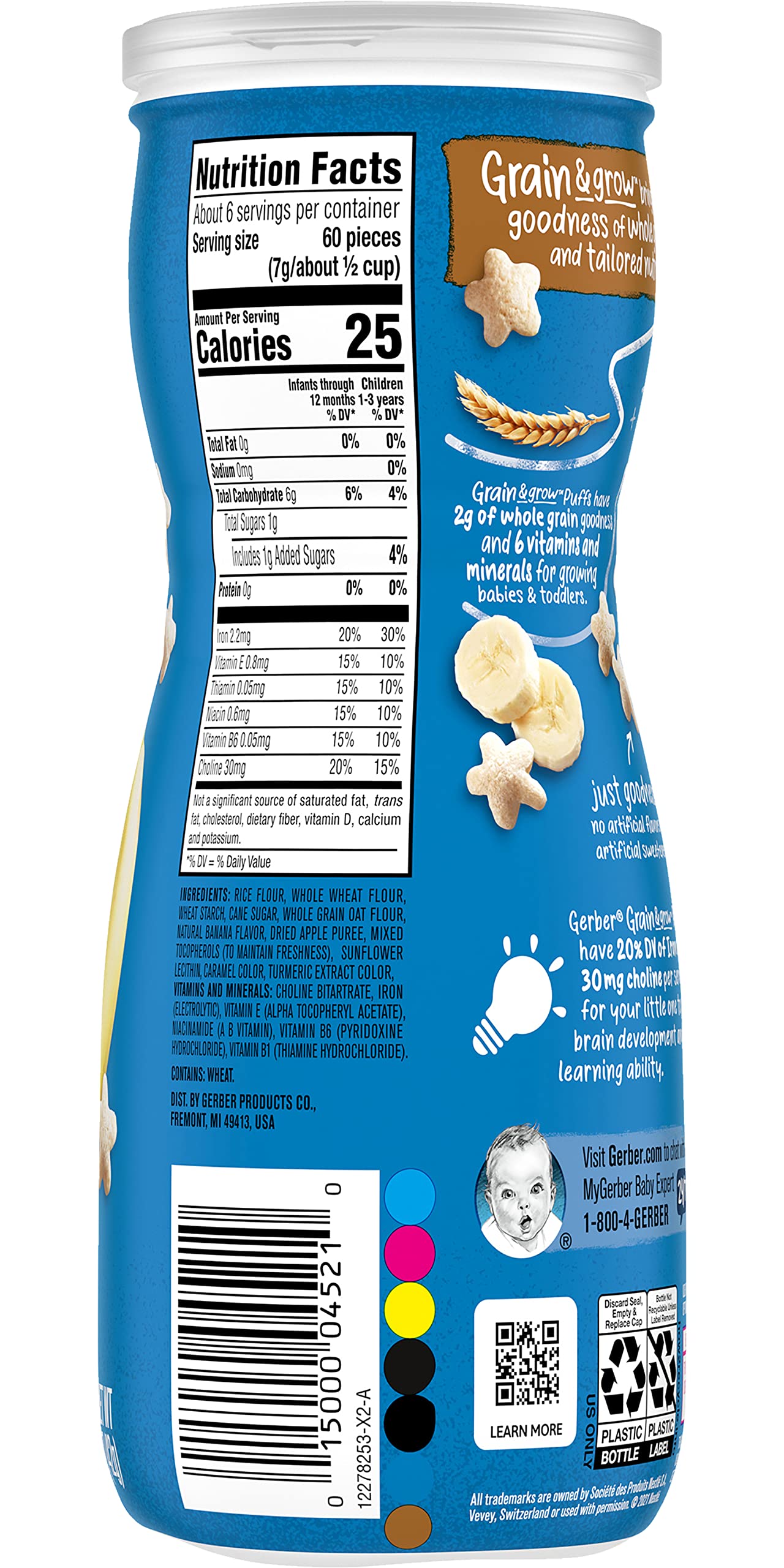 Gerber Snacks For Baby Grain & Grow Puffs, Banana, Puffed Whole Grain Snack For Crawlers, Non-Gmo & Baby Led Friendly, 1.48-Ounc