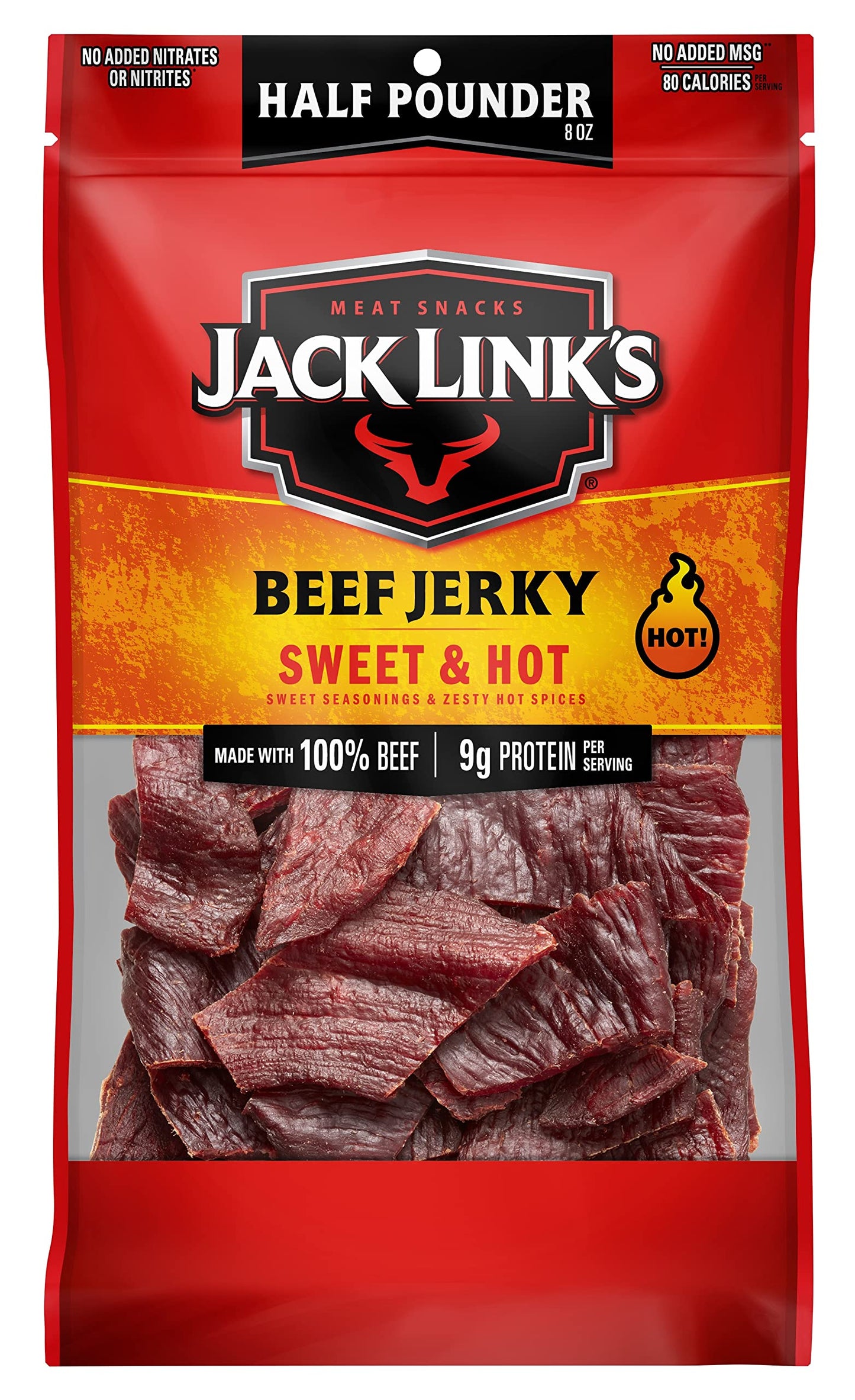 Jack Links Beef Jerky Sweet & Hot, 8 Ounce Bag, 9g Protein, 96% Fat Free, No Added MSG or Nitrates/Nitrites