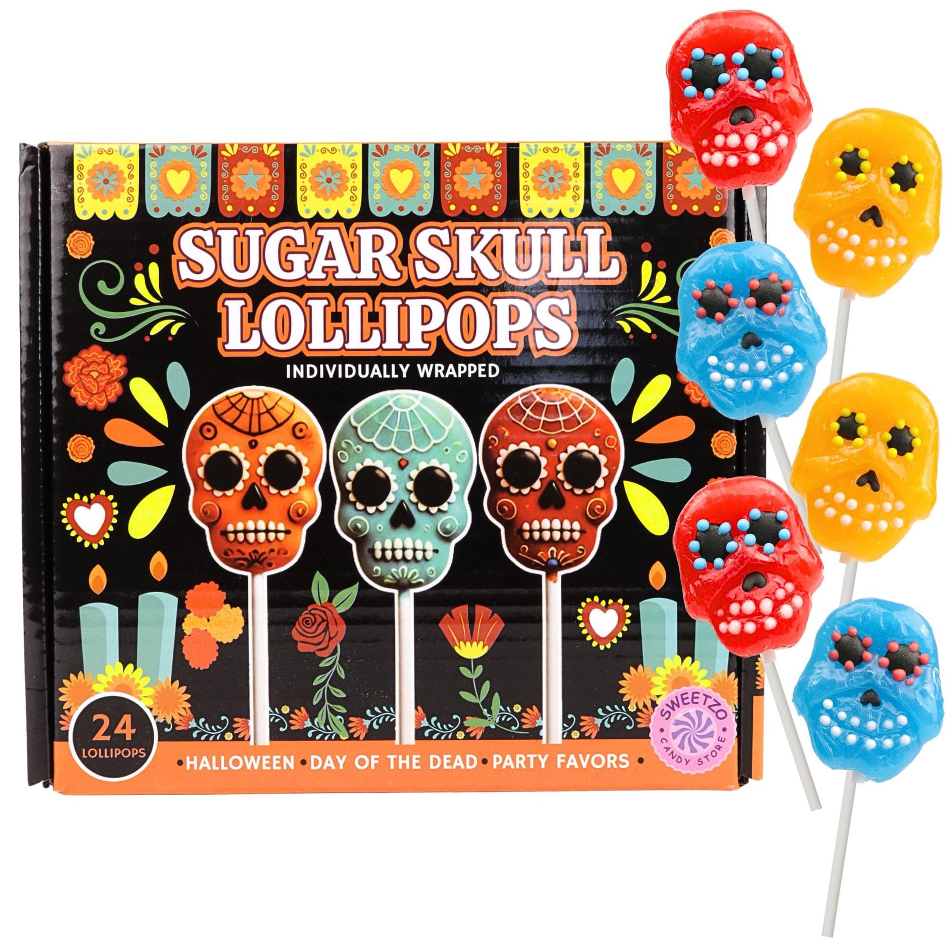Sweetzo Halloween Sugar Skull Candy Lollipops  Individually Wrapped Dia De Los Muertos Suckers  Strawberry  Orange and Blueberry Flavored (24 Pieces)