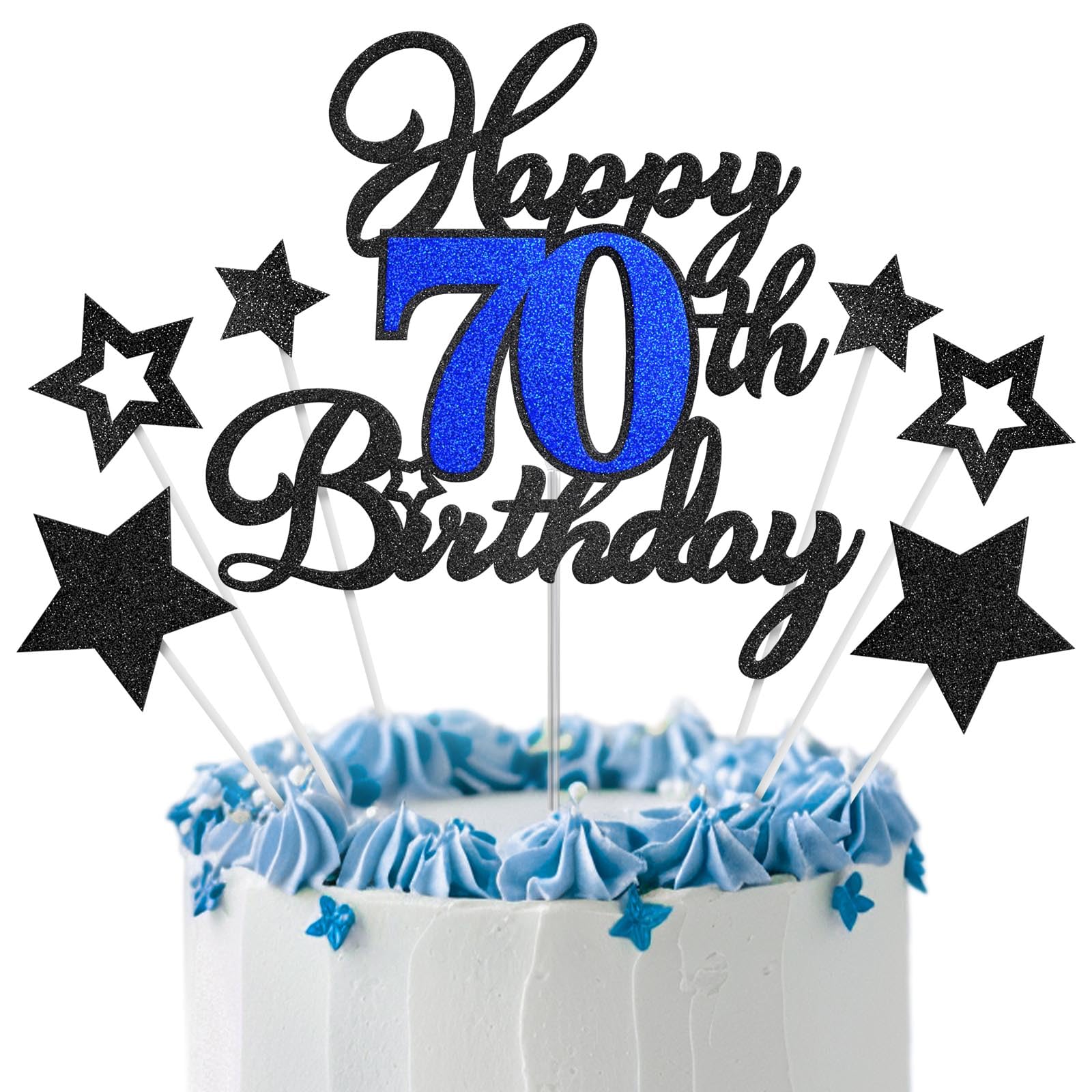 Happy 70th Birthday Cake Toppers, Black Blue Glitter Cake Decorations Set, 70th Birthday Decor, Birthday Anniversary Party Decor