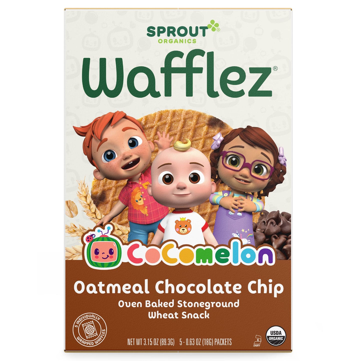 Cocomelon Sprout Organic Baby Food Toddler Snacks, Oatmeal Chocolate Chip Wafflez, 50 Single Serve Waffles