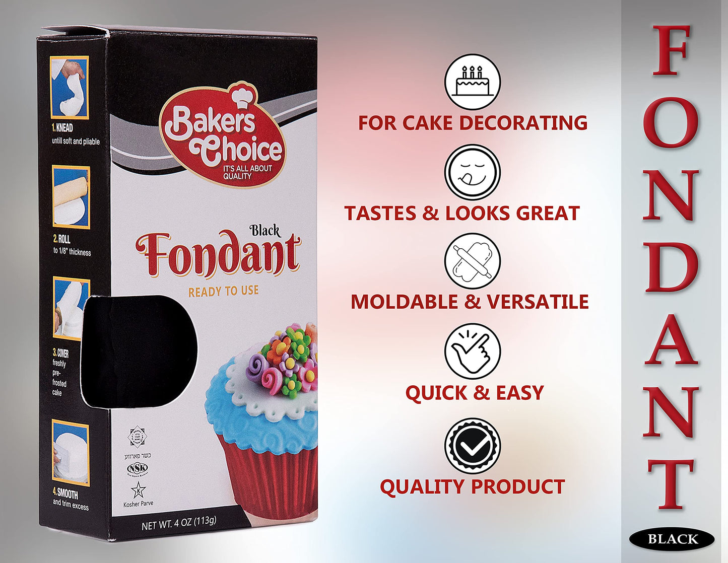 Bakers Choice Black Fondant Icing - Ready to Use Cake Decorating Frosting - 4 oz - Dairy Free, Nut Free