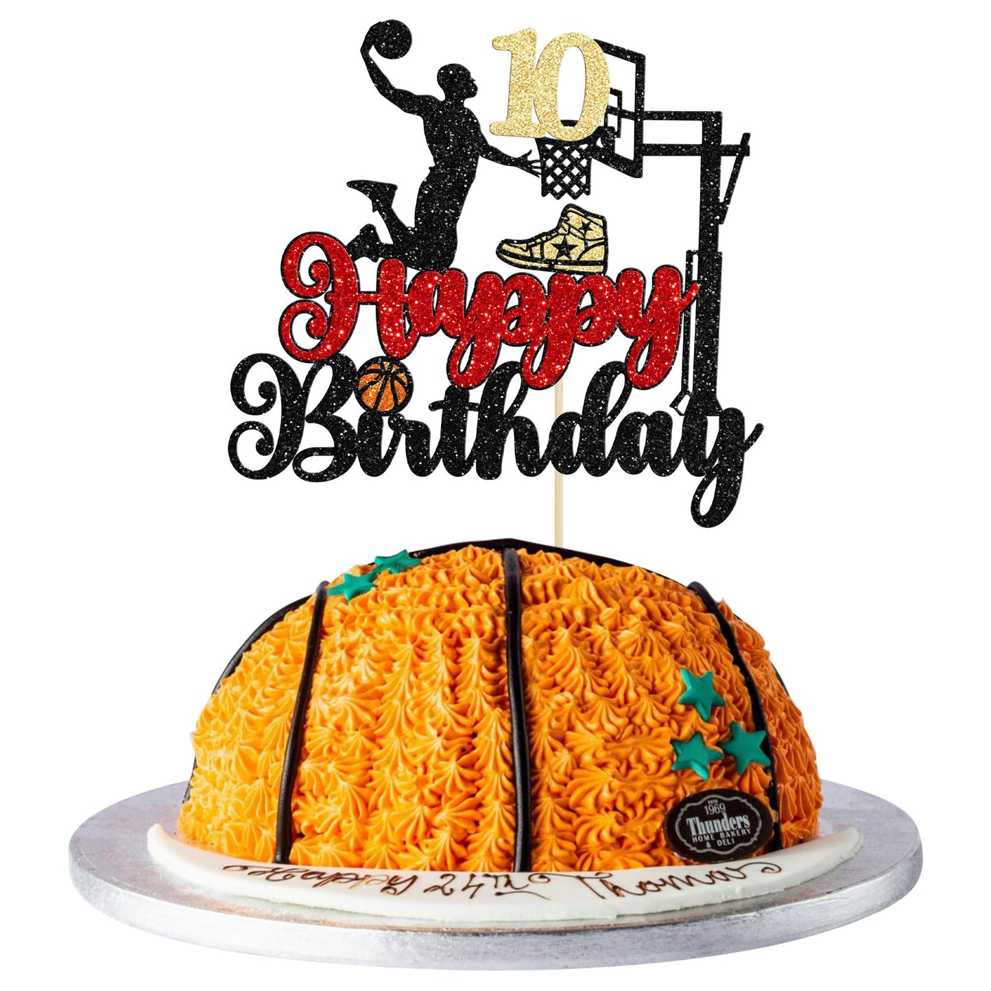 1Pc 10Th Birthday Basketball Cake Topper Glitter Basketball Sports Theme Cake Pick For Baby Shower 10Th Birthday Cake Decoration