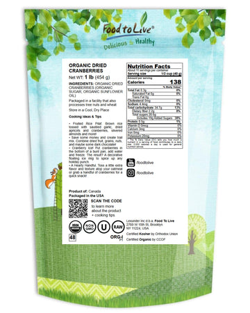 Food to Live Organic Dried Cranberries, 1 Pound - Non-GMO, Kosher, Unsulfured, Bulk