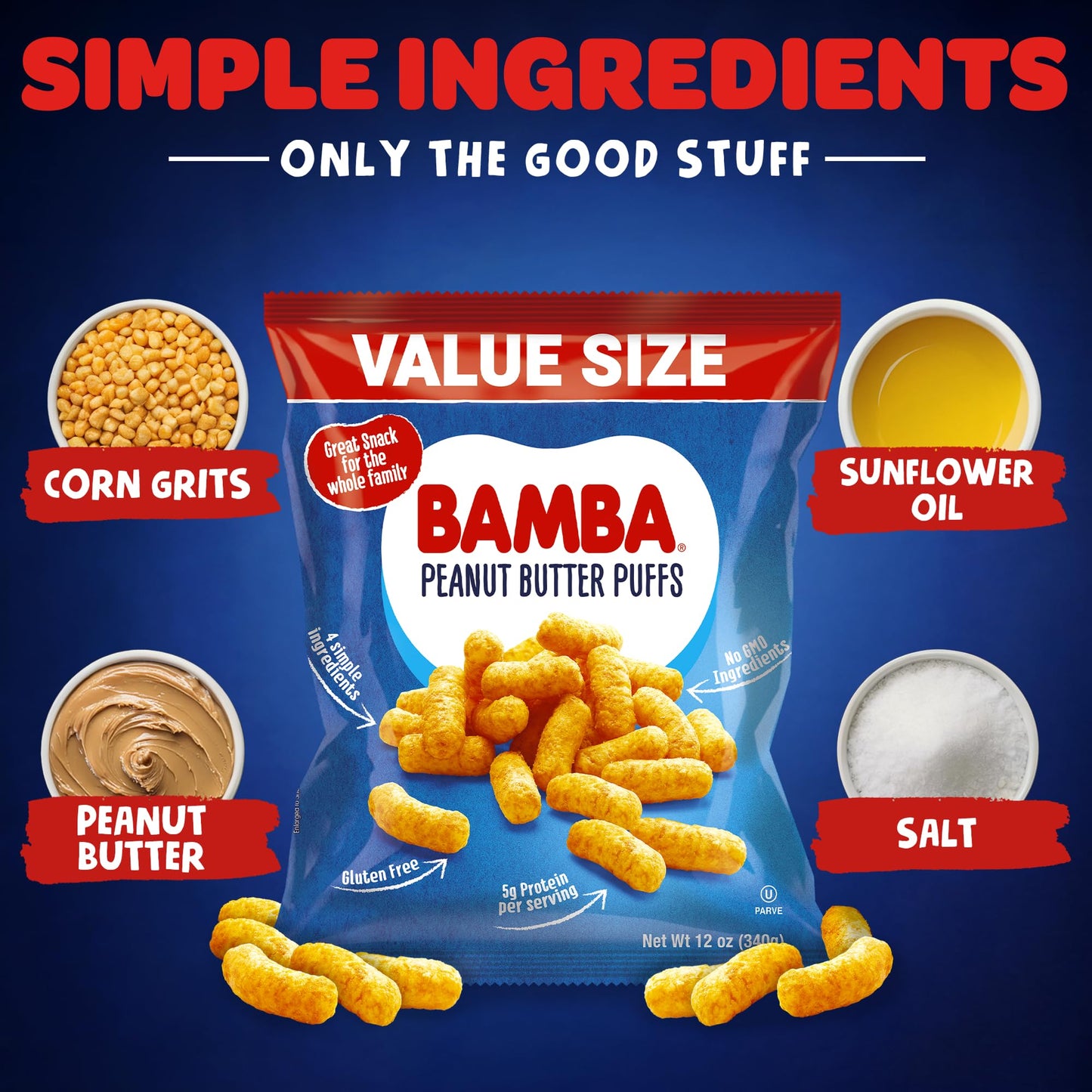 Osem Bamba Peanut Butter Puffs - Peanut Butter Crunch Puffs  Vegan PB Snack for Babies and Toddlers  Grain Free Protein Snack  No Sugar - 12 oz Bag (Pack of 2)