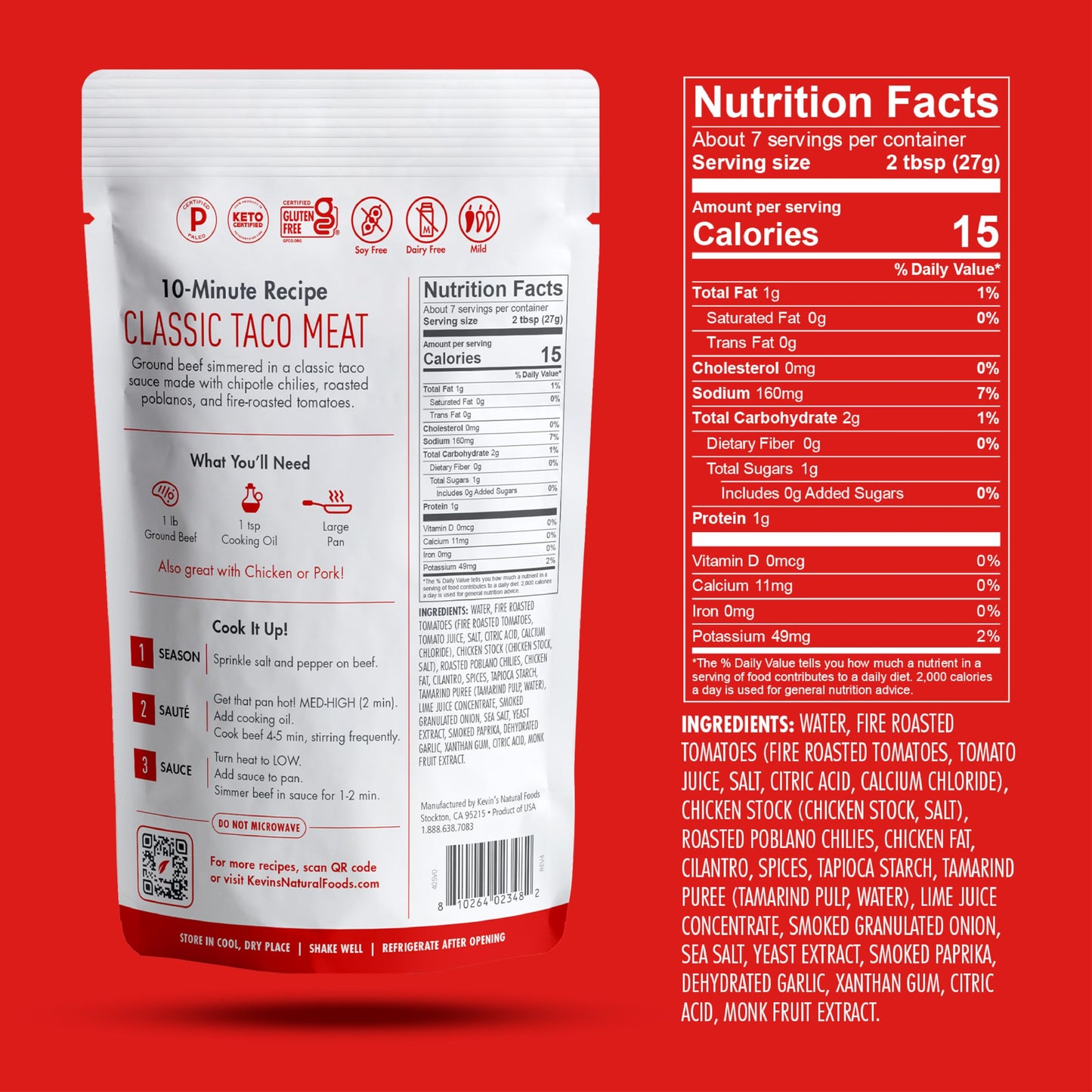 Kevin's Natural Foods Classic Taco Sauce - Keto and Paleo Simmer Sauce - Stir-Fry Sauce, Gluten Free, No Preservatives, Non-GMO