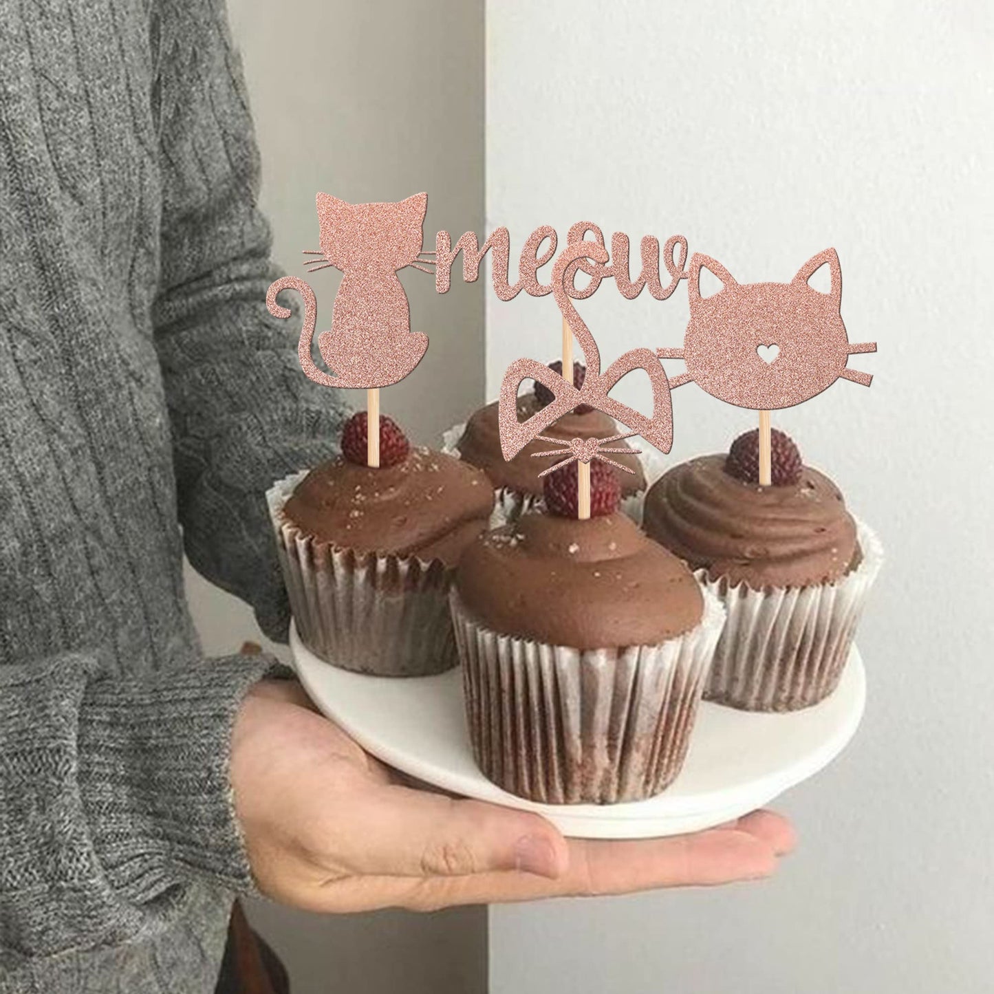 YCTHUNFISH Cat Cake Toppers - 24 Pc Black Glitter Cupcake Decorations - Small - Meow Rose Gold