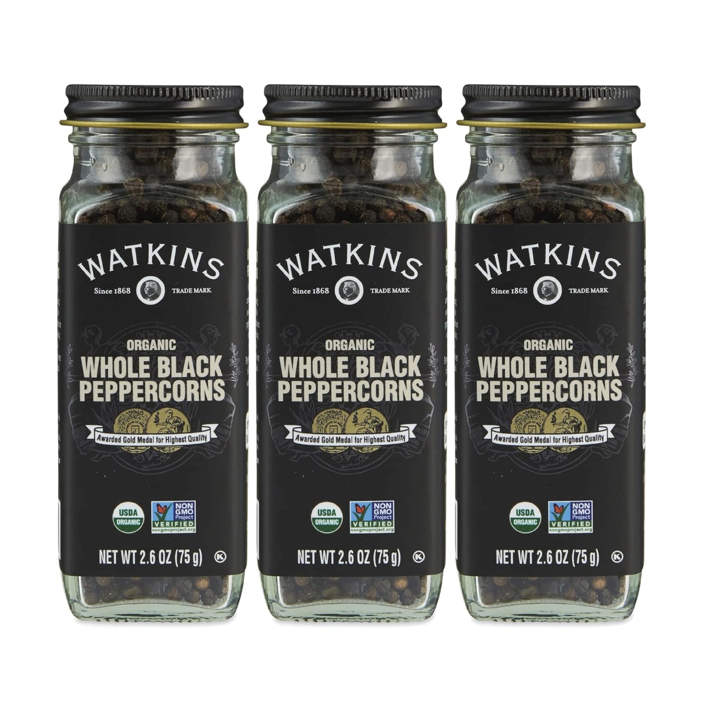 Watkins Gourmet Organic Spice Jar, Whole Black Peppercorns, 2.6 oz. Bottle, 3-Pack