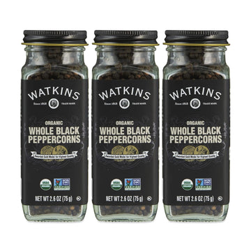 Watkins Gourmet Organic Spice Jar, Whole Black Peppercorns, 2.6 oz. Bottle, 3-Pack