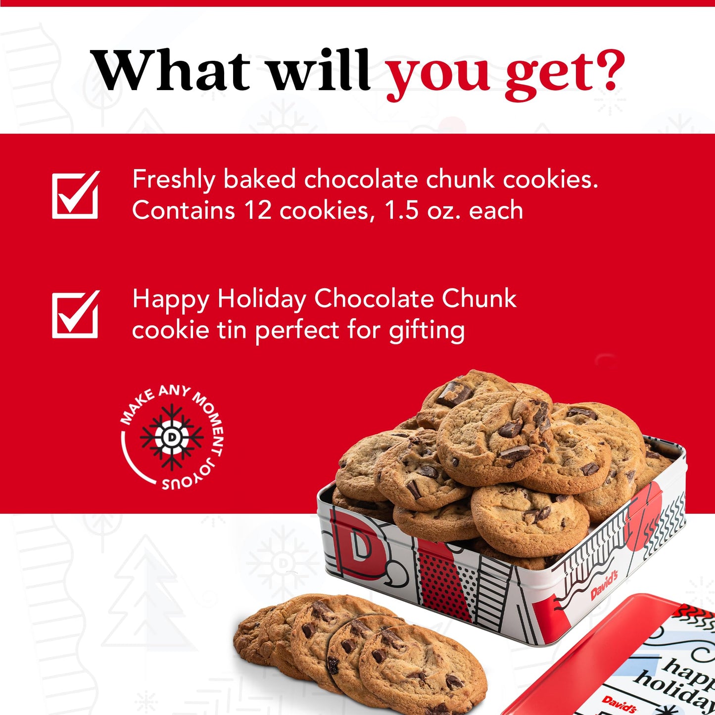 Davids Cookies Gourmet Chocolate Chunk Cookies - 1 lb Fresh Baked in Holiday Tin - Handmade, All Natural, No Preservatives