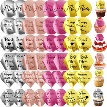 48 Pcs Acrylic Mirror Disc Cupcake Toppers for Mother's Day Cake Decorations, 6 Styles 4 Colors Happy Mother's Day Acrylic Cake 