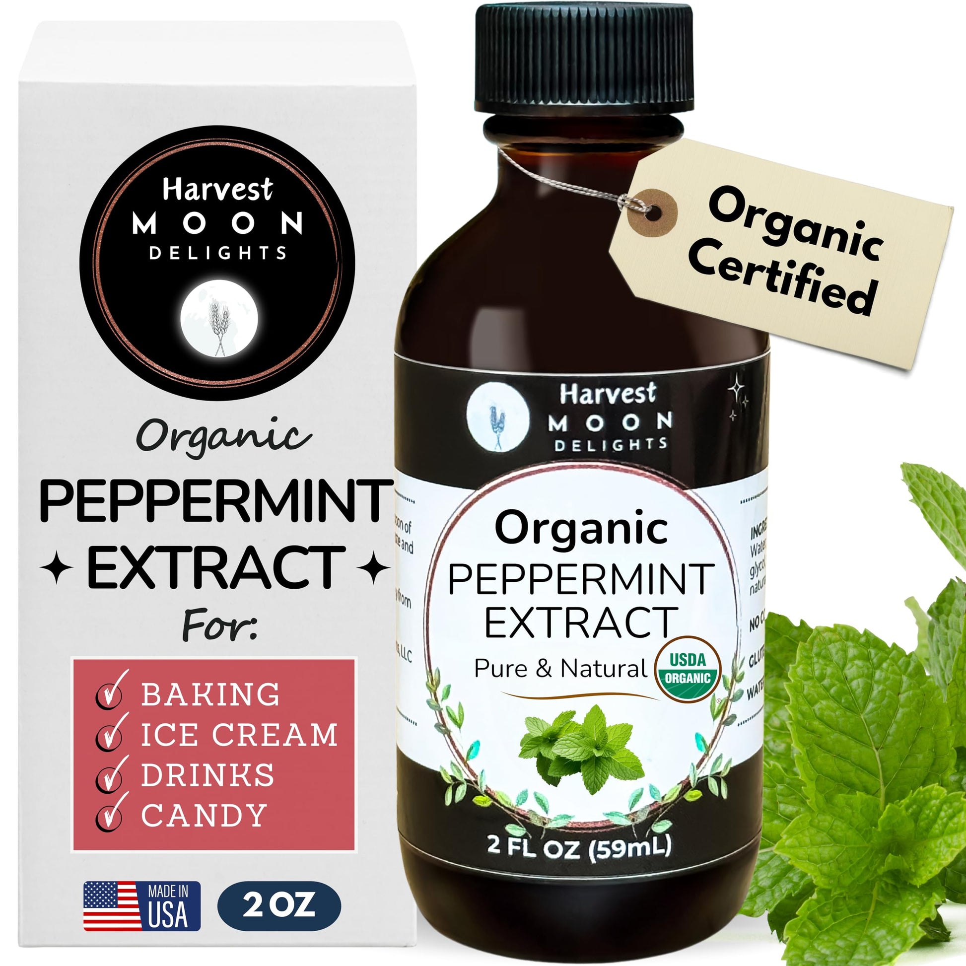 Harvest Moon Delights Organic Peppermint Extract - Water-Soluble Flavoring for Baking, Ice Cream, and Drinks - 2 oz