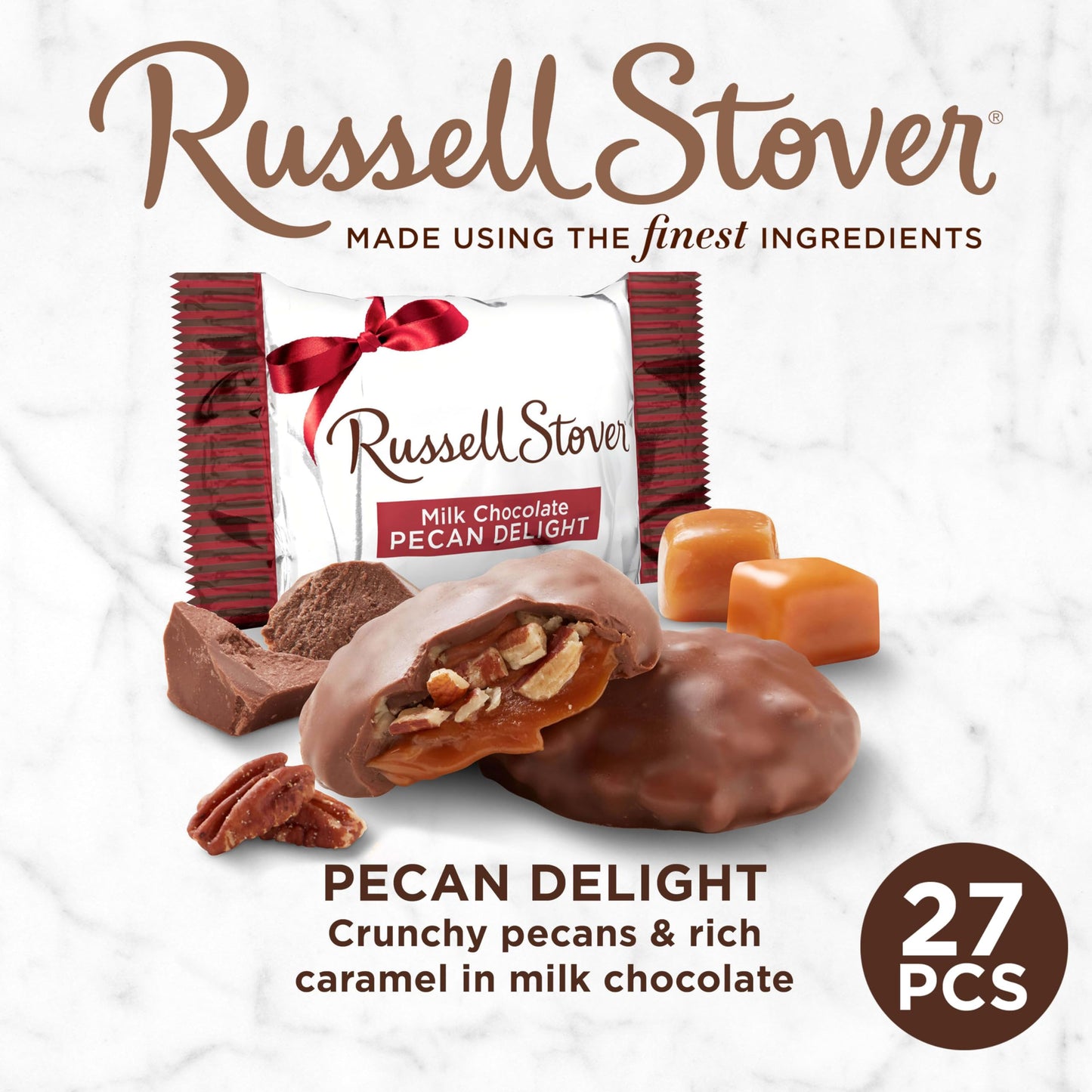 Russell Stover Pecan Delight Gusset Bag 16.10 Ounce Russel Stover Milk Chocolate Covered Candy Pack, Crunchy Pecans and Buttery