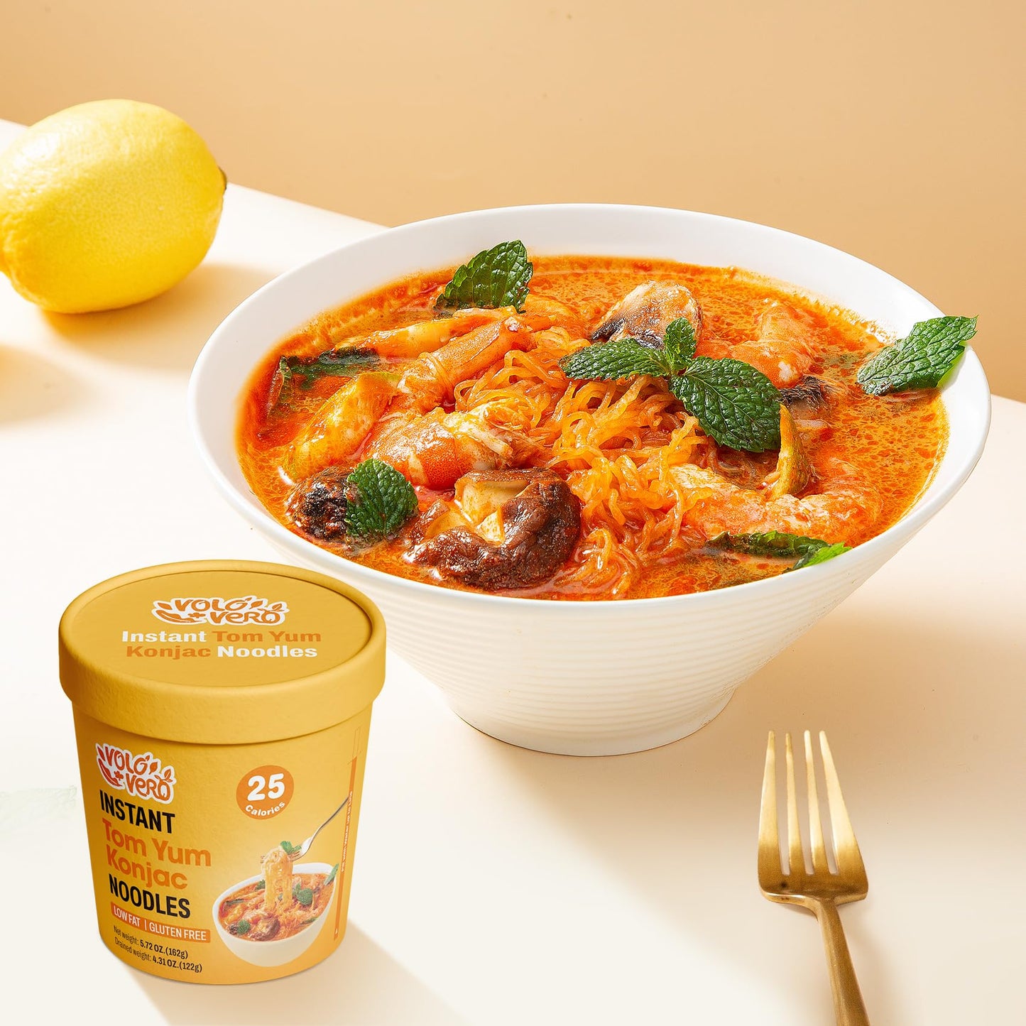Volo Vero Konjac Noodle Instant Soup Cup Tom Yum Flavor, 6 Packs Keto Shirataki Noodles Angel Hair Pasta, Low Carb, Low Fat, Low