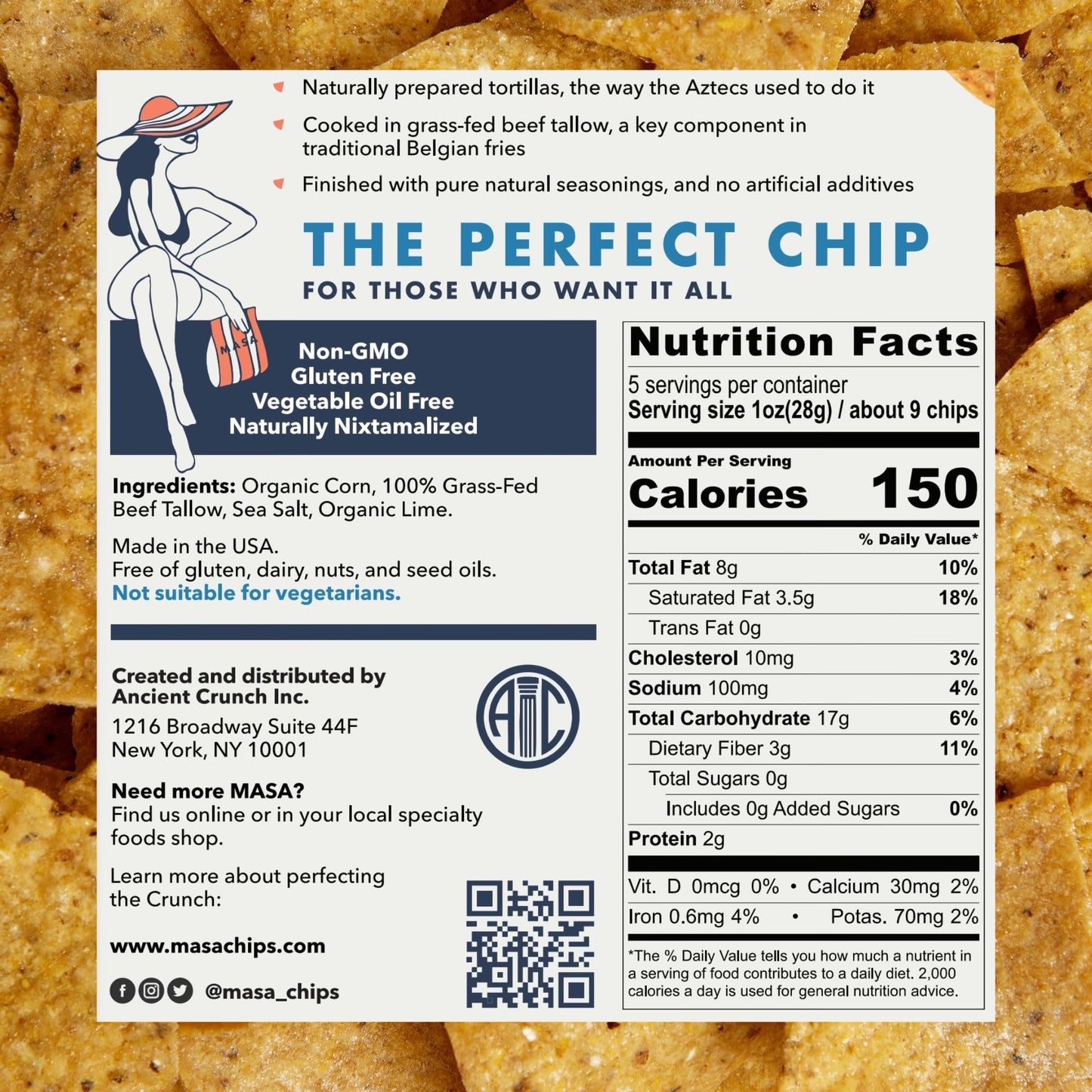 MASA Chips - Lime Flavored Tortilla Chips, Handmade Corn Chips & Crisps - Naturally Grown White Corn, Made with Grass Fed Tallow
