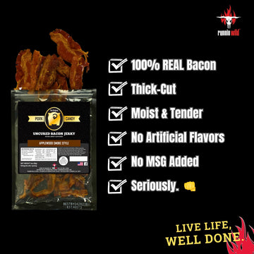 RunninWild Premium Bacon Jerky Gift Basket - 100% UNCURED Variety Pack (4x2oz) - Maple, Applewood, Spicy Sriracha & Cinnamon - Perfect Gifts for