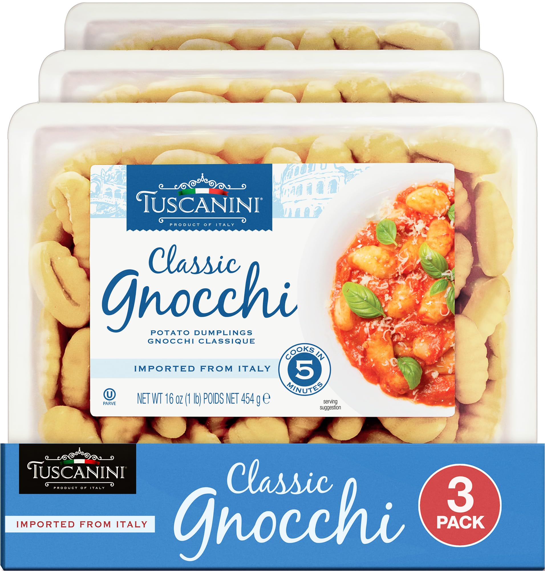 Tuscanini Classic Italian Potato Gnocchi 16oz (3 Pack) | Imported from Italy, Low Fat, Potato Dumpling, Ready in Minutes
