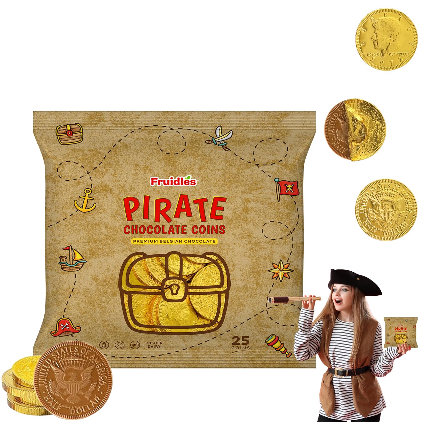 Fruidles Pirate Belgian Milk Chocolate Coins, Kosher Certified, Non-GMO, Pack of 25