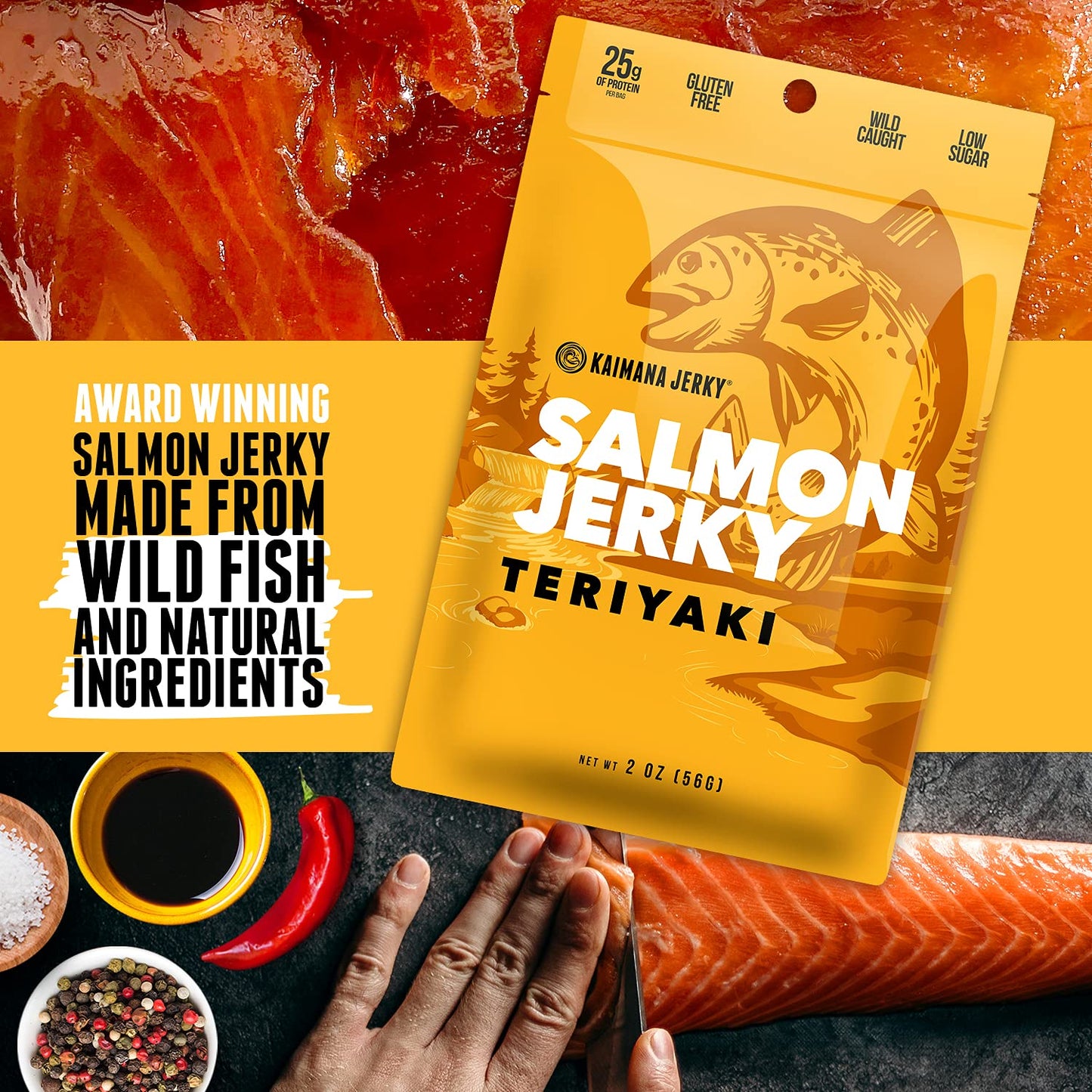 Kaimana Jerky Wild Caught Salmon Jerky, Teriyaki Flavor, Organic, Low-Calorie, 2oz Pack