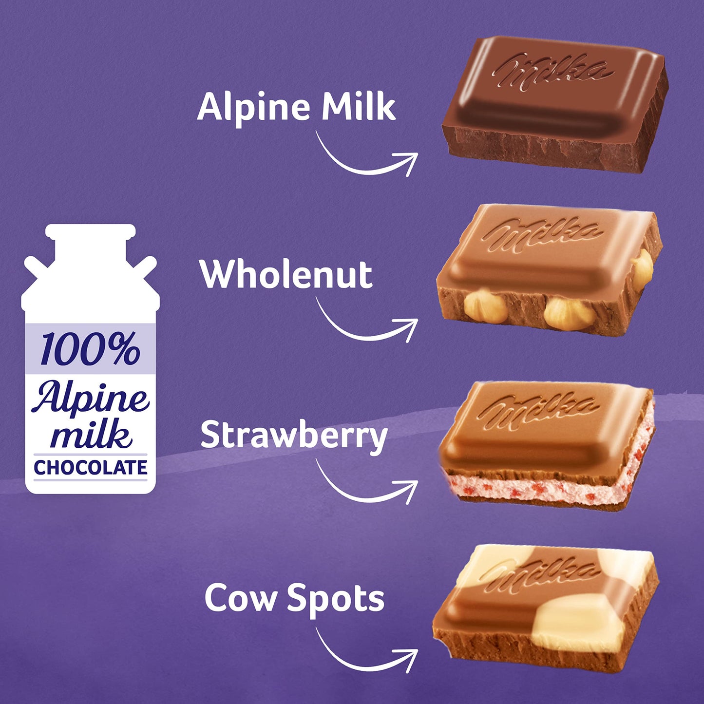 Milka Chocolate Bars Variety Pack, Alpine Milk, Cow Spots, Strawberry & Hazelnut, 10 Count