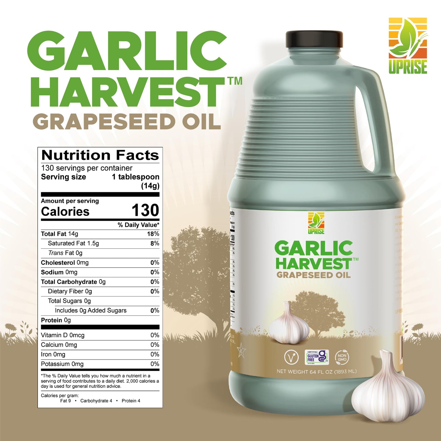 Garlic Harvest Grapeseed Oil 64 Oz (High Smoke Point, Gluten-Free, Non-Gmo, Healthy Evo Alternative)