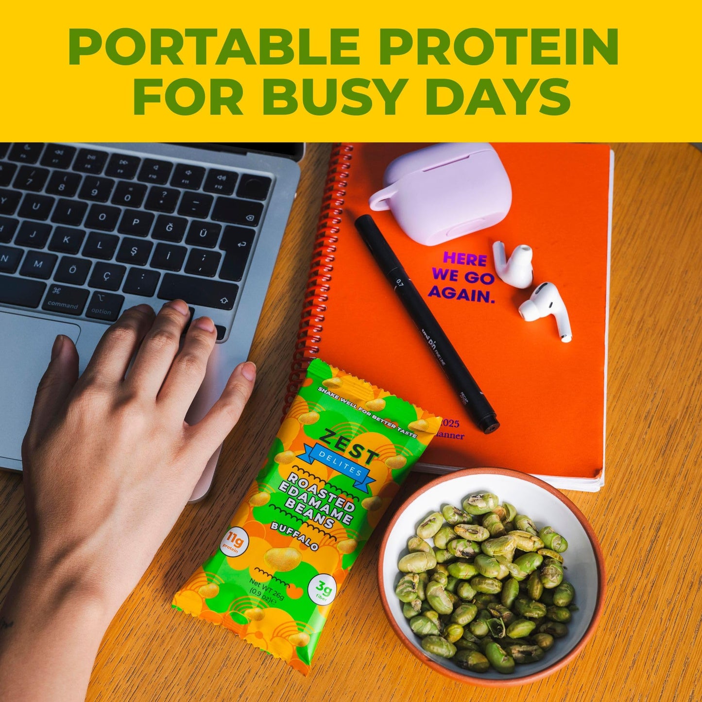 Crunchy Dry Roasted Edamame Beans Snack by Zest Delites, Buffalo, Vegan, Low Calorie (100cal) High Protein Snacks (11g), Low Car