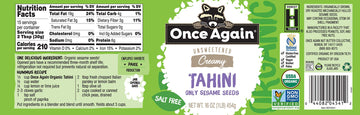 Once Again Organic Sesame Tahini, 16oz - Salt Free, Unsweetened - USDA Organic, Gluten Free, Vegan, Kosher, Peanut Free - Glass