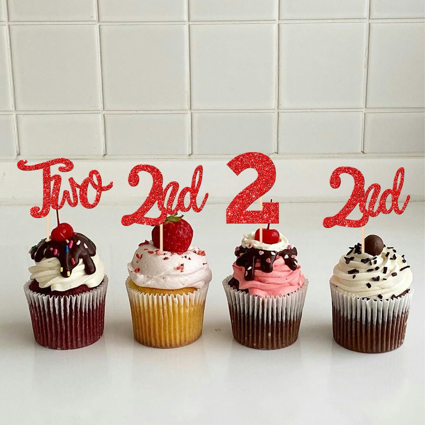 ZHUOWEISM 24 PCS Cupcake Toppers, Glitter Number 2, Red Paper Decorations for 2nd Birthday, Baby Shower, Anniversary Party Supplies