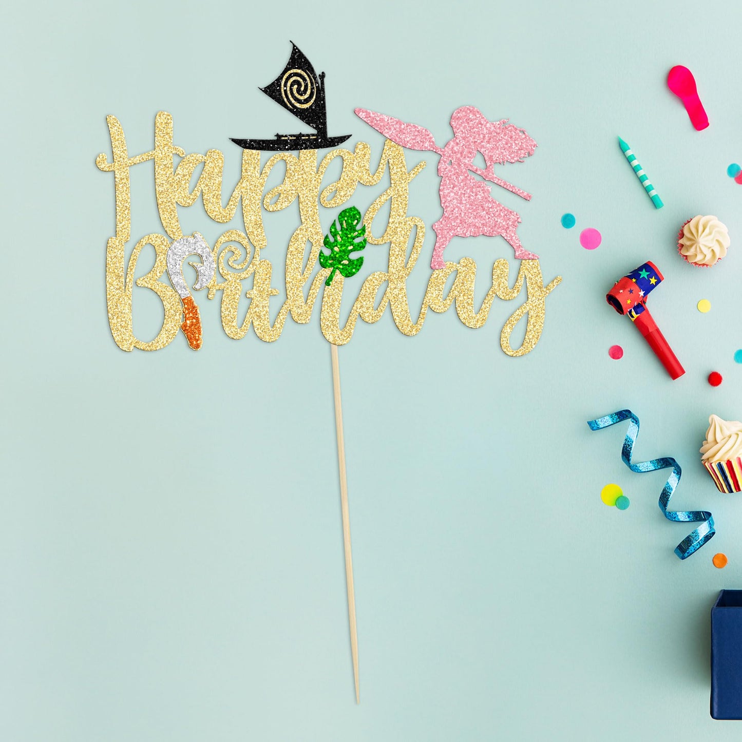 1Pc Moa Inspired Cake Topper Black Glitter Palm Leaf Flower Happy Birthday Cake Pick Decoration For Tropical Hawaiian Luau Theme