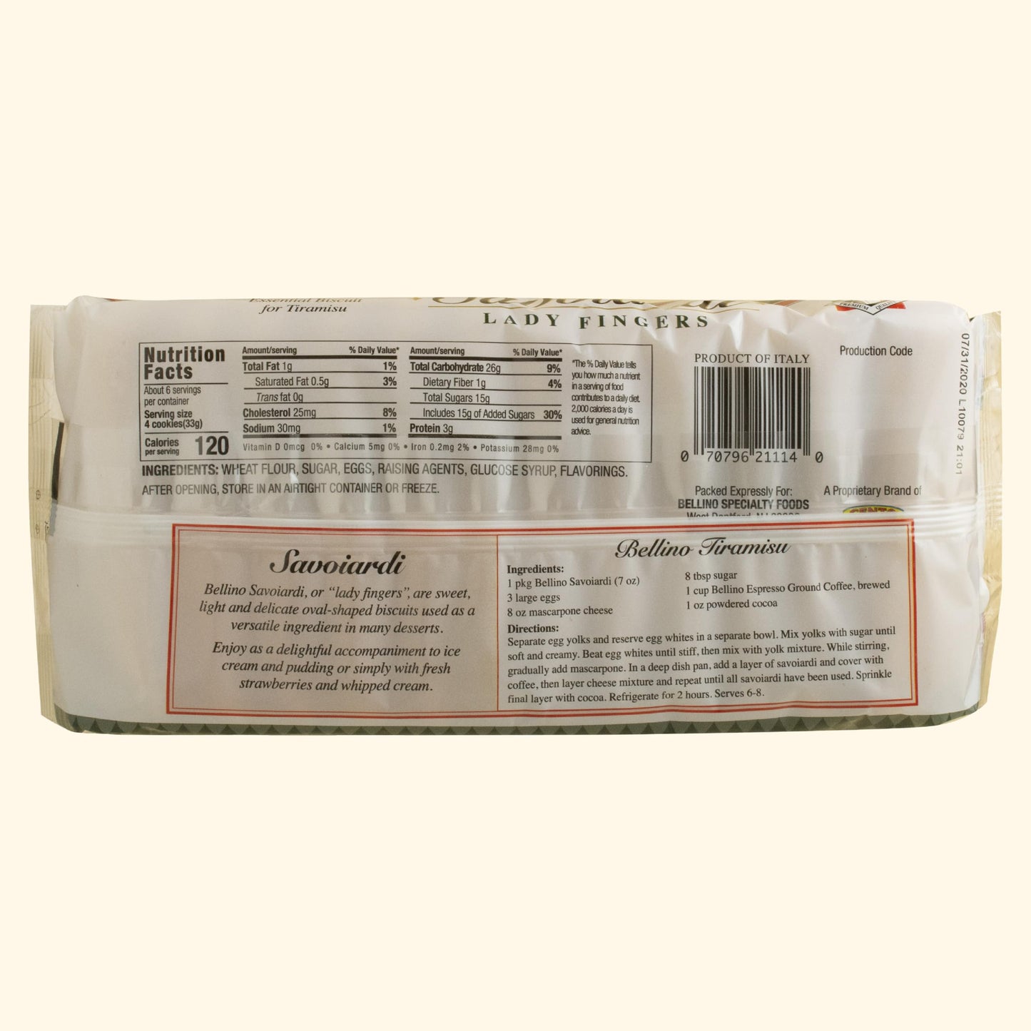 Bellino Savoiardi Lady Fingers Biscuits - Authentic Italian Cookies, Non-GMO, 7 Ounce, Light Brown - Perfect for Tiramisu & Desserts
