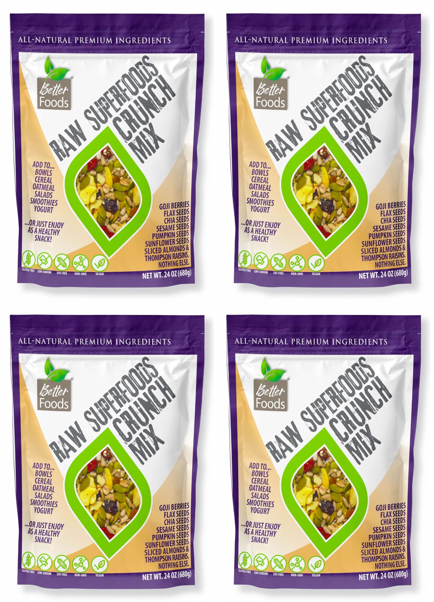 Betterfoods Raw Superfoods Crunch Mix | Premium Pumpkin, Sunflower, Flax, Chia, Sesame Seeds, Almonds, Goji Berries & Raisins Blend | 6G Protein, Vegan, Non-Gmo, No Gluten/Salt/Soy | 24Oz, Pack Of 4
