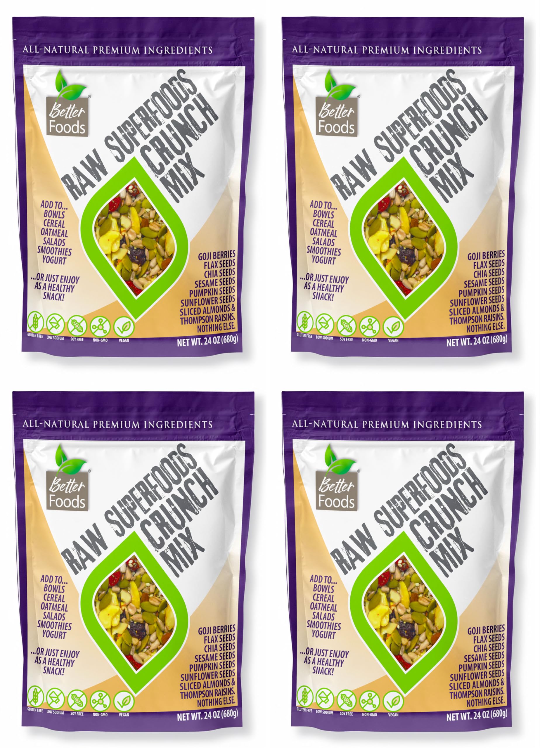 Betterfoods Raw Superfoods Crunch Mix | Premium Pumpkin, Sunflower, Flax, Chia, Sesame Seeds, Almonds, Goji Berries & Raisins Blend | 6G Protein, Vegan, Non-Gmo, No Gluten/Salt/Soy | 24Oz, Pack Of 4