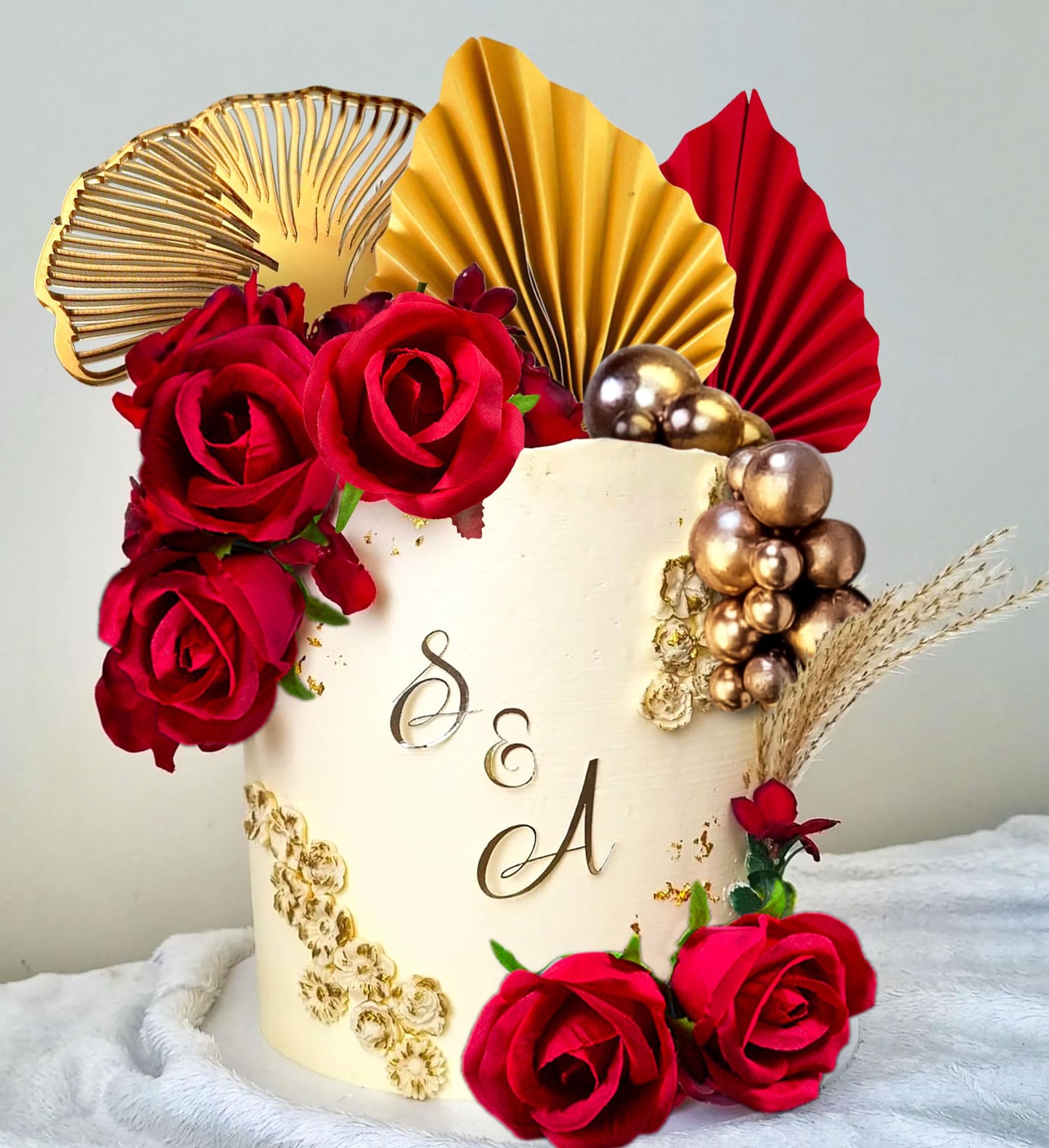 Jevenis 21 Pcs Red Rose Cake Decoration Queen Birthday Cake Decoration Ginkgo Palm Leaves Cake Decoration For Wedding Birthday E