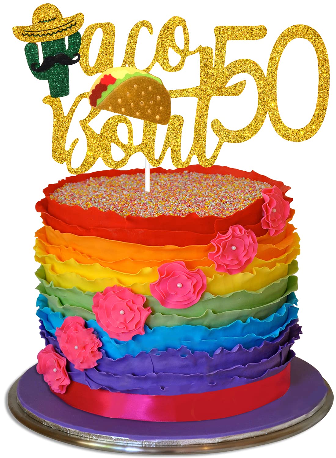 Caiwowo Taco Bout 50 Birthday Cake Topper - Glitter Fiesta Decoration - Paper, Model 1
