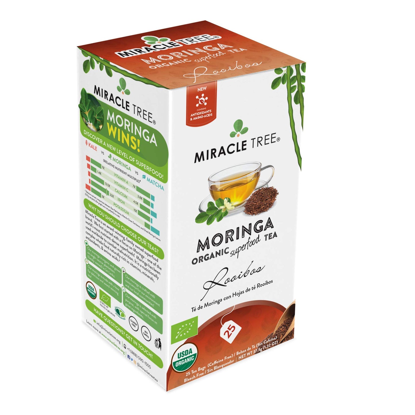 Tree Organic Moringa Tea - 25 Individually Sealed Bags, Caffeine-Free, Vegan, Gluten-Free, Non-GMO, Rooibos Flavor
