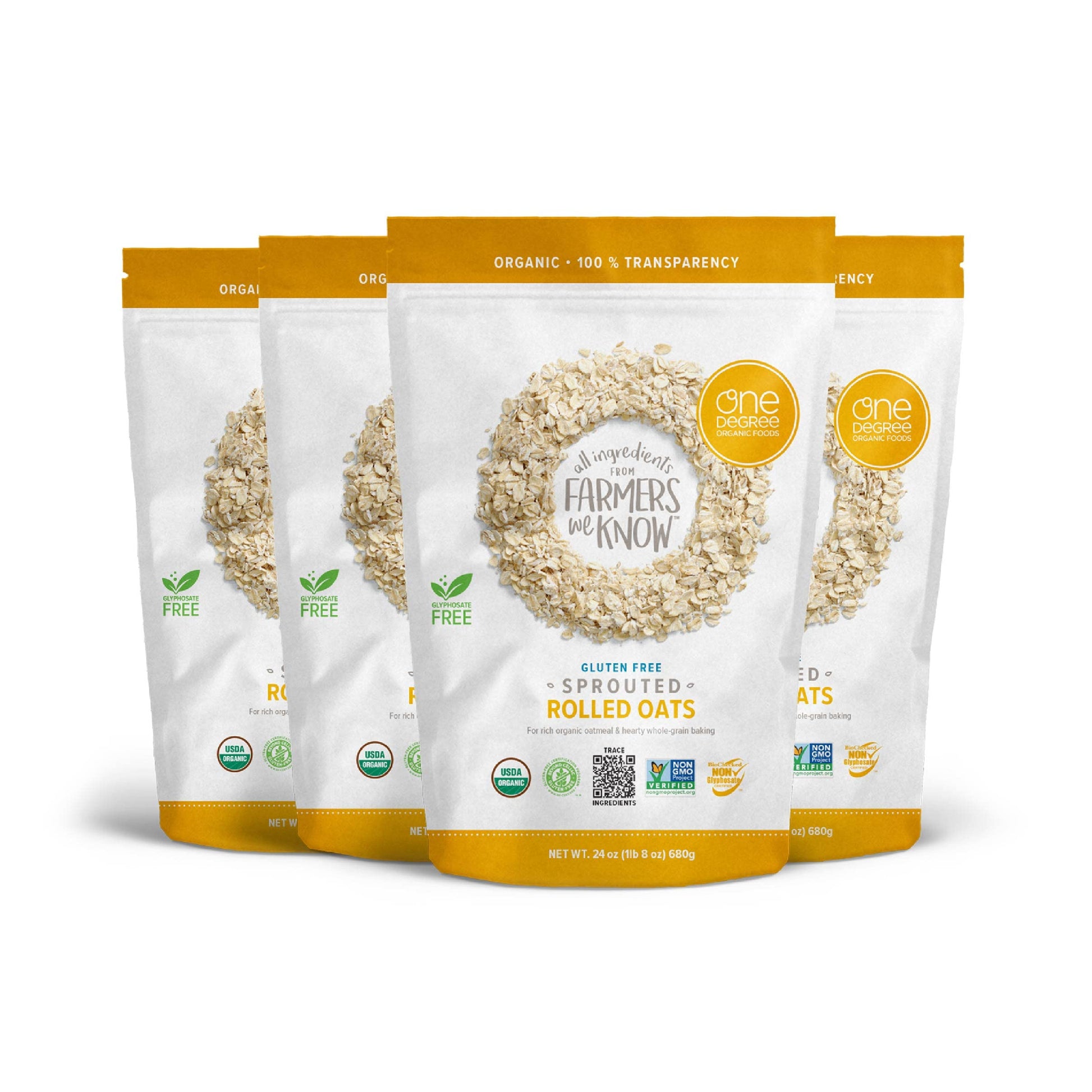 One Degree Organic Foods Sprouted Rolled Oats, Usda Organic, Non-Gmo Gluten Free Oatmeal, 24 Oz., 4 Pack